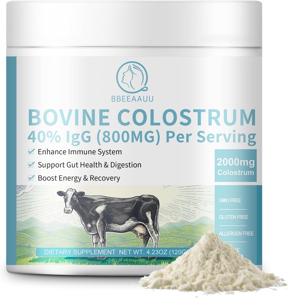 Bovine Colostrum 补充 2000mg, Colostrum 粉末 40% IgG Immunoglobulins for Immune Support, Hair growth, Gut Health, Muscle, Energy - 百分百的草药,Gluten-Free,非GMO, 120克