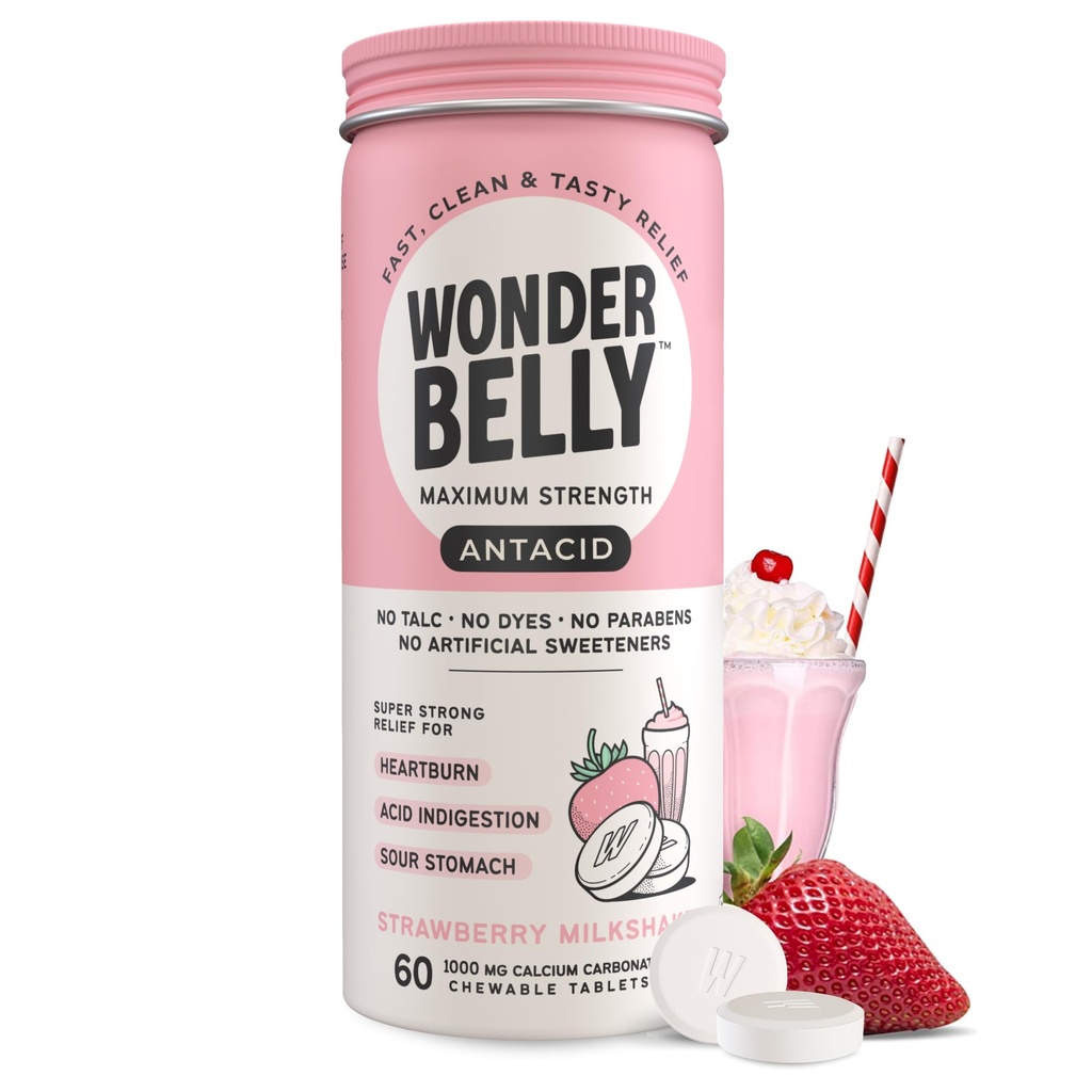 Wonderbelly Antacid, 有效的心脏烧伤和即时酸消化缓解, 超强可切片, 1000毫克碳酸钙, No Talc 或 Dye, 草莓奶昔, 60 Counter
