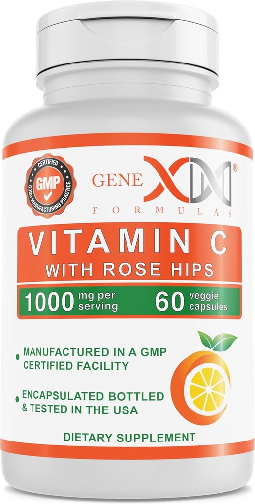 Genex公式 1000mg 维生素C 配有玫瑰HIPS(60 Capsules) 支持健康免疫系统 - 非GMO, Gluten Free, Vegan(60天供应)