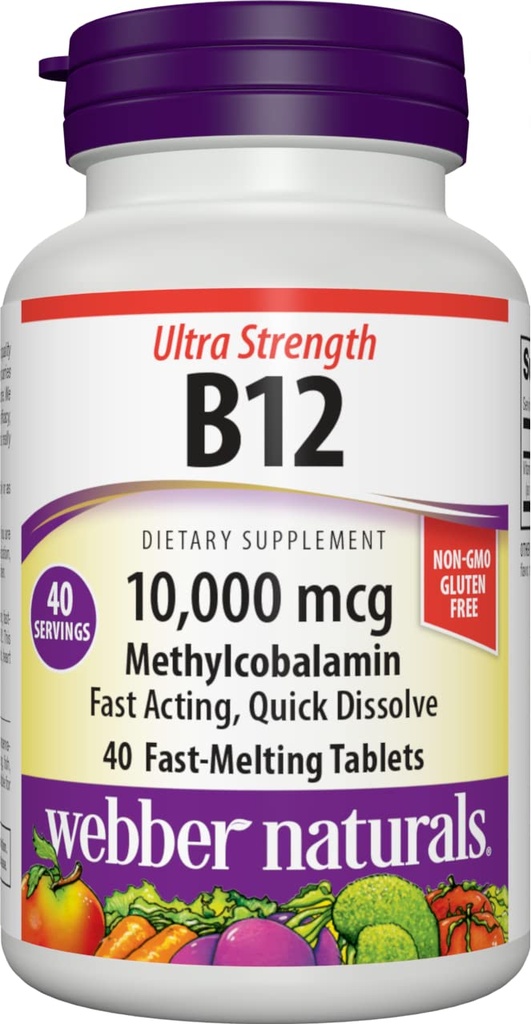Webber Naturals Vitamin B12 10,000 mcg,超强,40个计数,快速溶解片,维生素补充支持能源代谢,Immune和心脏健康,Vegan公式