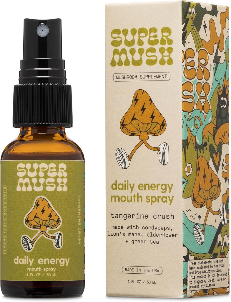 SuperMush Daily Energy Mouth Spray - 蘑菇补充 - Lions Mane & Cordyceps 混合蘑菇 提取纯液 Sprays for Focus, Stamina & Clarity - 30ml 有机狮子 Mane 真菌 Spray