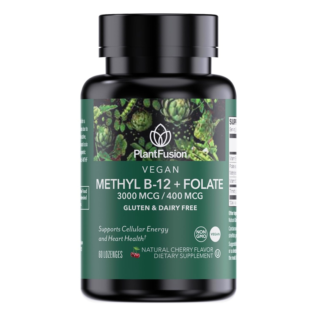 甲基维生素B复合物 — Vegan B12 3000mcg, Vegan Methylfolate (5-MTHF) 400mcg, B6 & TMG — Cherry-Flavored Lozenges — 60 Counter