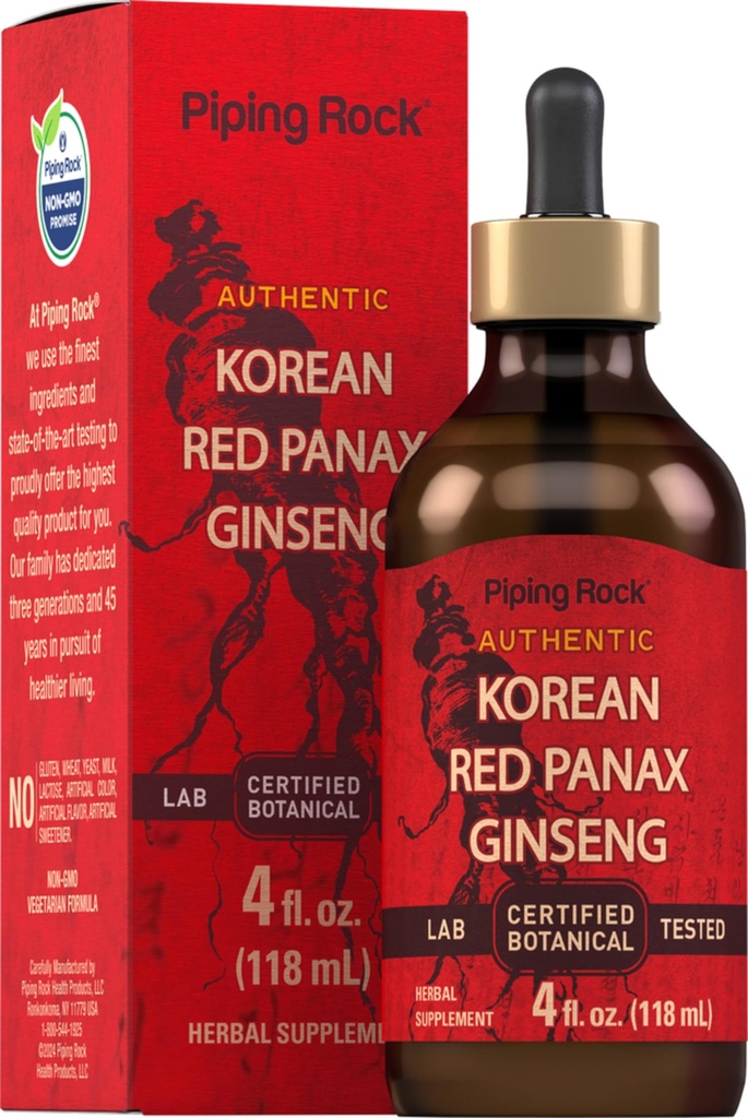 Piping Rock Korean Red Ginseng 液体提取 QQ 4 Fl Oz QQ Panax 根提取 QQ 无酒精叮当 QQ Vegetarian, Non-GMO, Gluten 免费补充