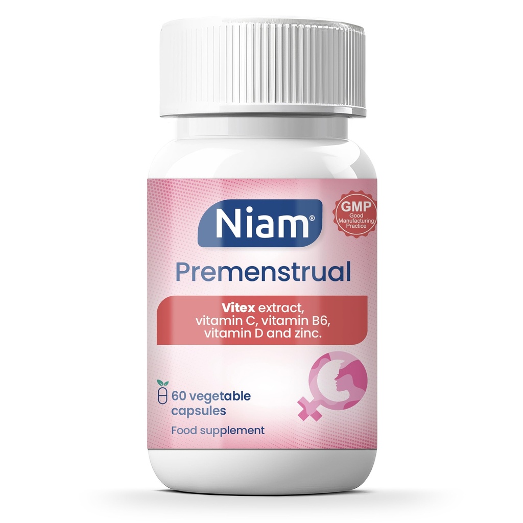 Vitex Agnus Castus 350 mg → 激素平衡和循环支持 → 香草莓,维生素B6,D,C & Zinc → 60 Capsules → Niam Premenstrual