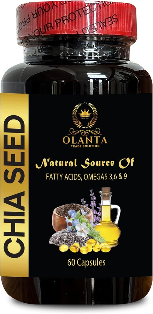 CHIA种子 - 消化纤维 有机基亚种子 油囊 植物基 Omega 3 6 9 增产,Non-GMO,Gluten Free, Keto Diet - 1 瓶 60 软胶