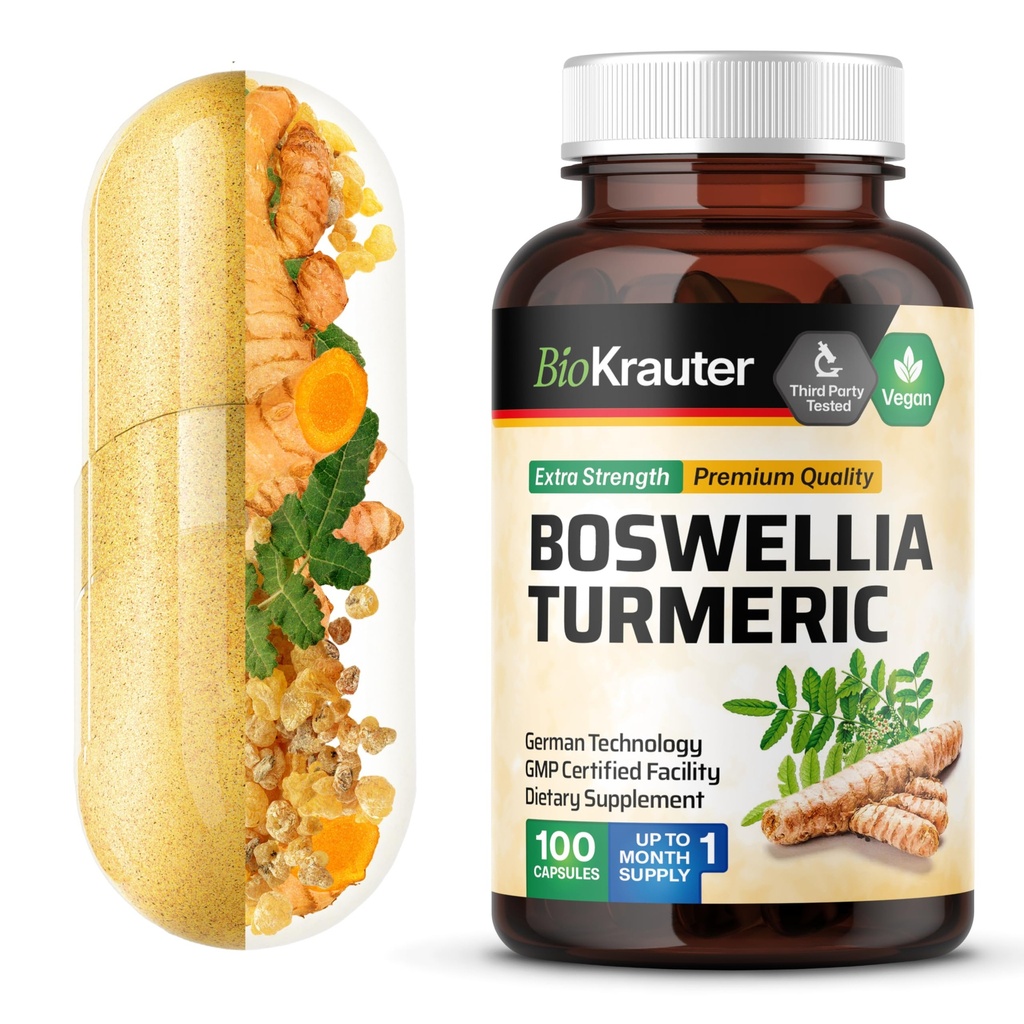 BIO KRAUTER Turmeric 配有 Boswellia 提取卡普尔斯 - 2000 mg Blend - 100 计数 - Vegan Boswellia Turmeric (Curcumin) - 公式 w/ Black Pepper