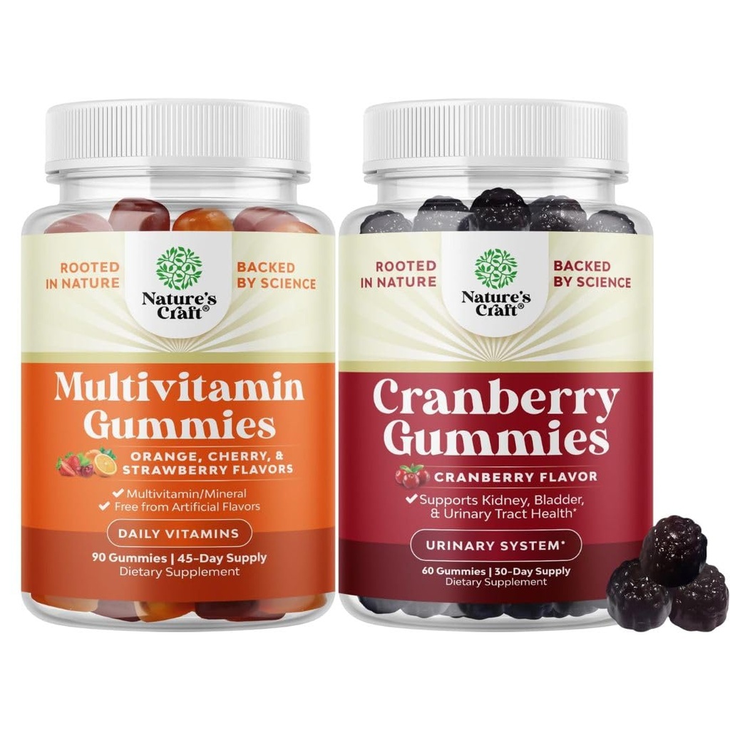 Bundle of Potent Daily Multivitamin Gummys for Adults and Natural Cranberry Gummys for American and Men - 维他命D A C E B12 锌和Biotin - 超强的美味抗氧化剂