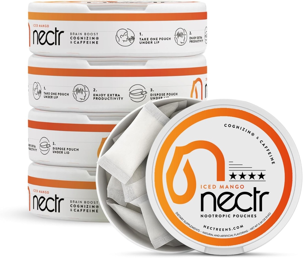 Nectr Energy Nootropic Pouches – Iced Mango Flavored, Cafeine Pouches with Cognizin – Citicoline. (原始内容存档于2018-03-04) (英语). 无糖脑治疗. 平滑、持续聚焦和能源补充 -- -- 5 Pucks of 16pcs