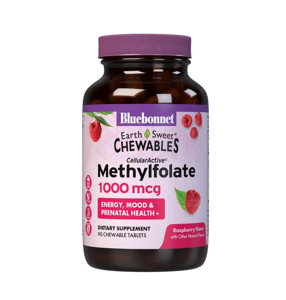 Bluebonnet Earth Sweet Methylfolate 1000 mcg Cellular Active Coenzyme 5-MTHF L Methyl Folate 补充 - 产前和能量支持 - 非GMO, Vegan, Gluten - Free - Raspberry - 90 可切片