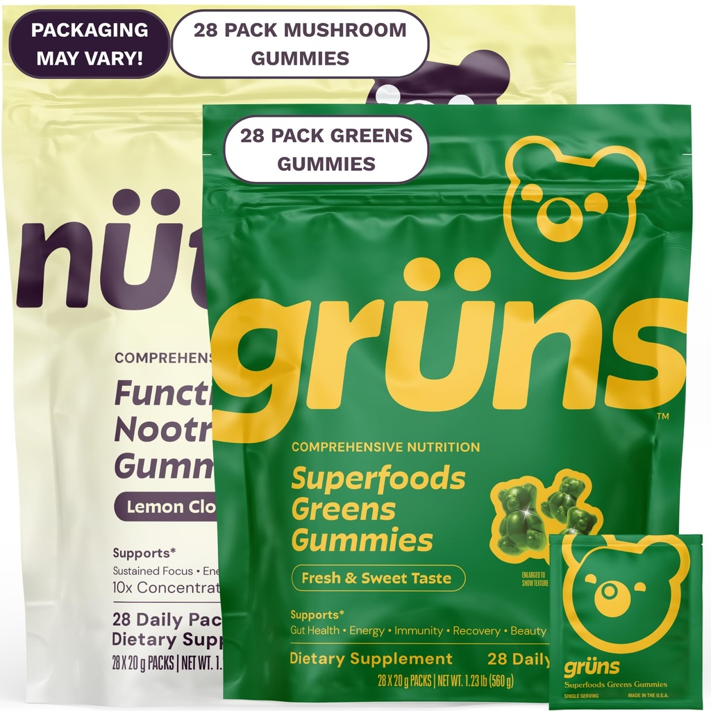 Gruns 超级食品 Green + 新Nütrops Gummy Bundle, 有机营养补充 2 x 28 Pack: 多维他命, 预生, 适配体 + 诺热带蘑菇 草药补充 支持Mood, Focus, Gut