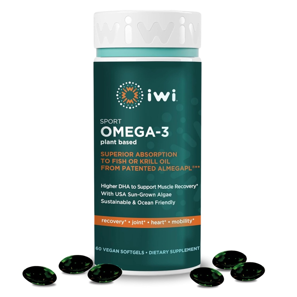 Iwi Omega-3 Sport, 60 Softgels (30 services), Plant-based Vegan Algae Omega 3 with DHA, 锻炼恢复辅助饮食补充, Krill & Fish Oil Alternature, No Fishy Afterastest
