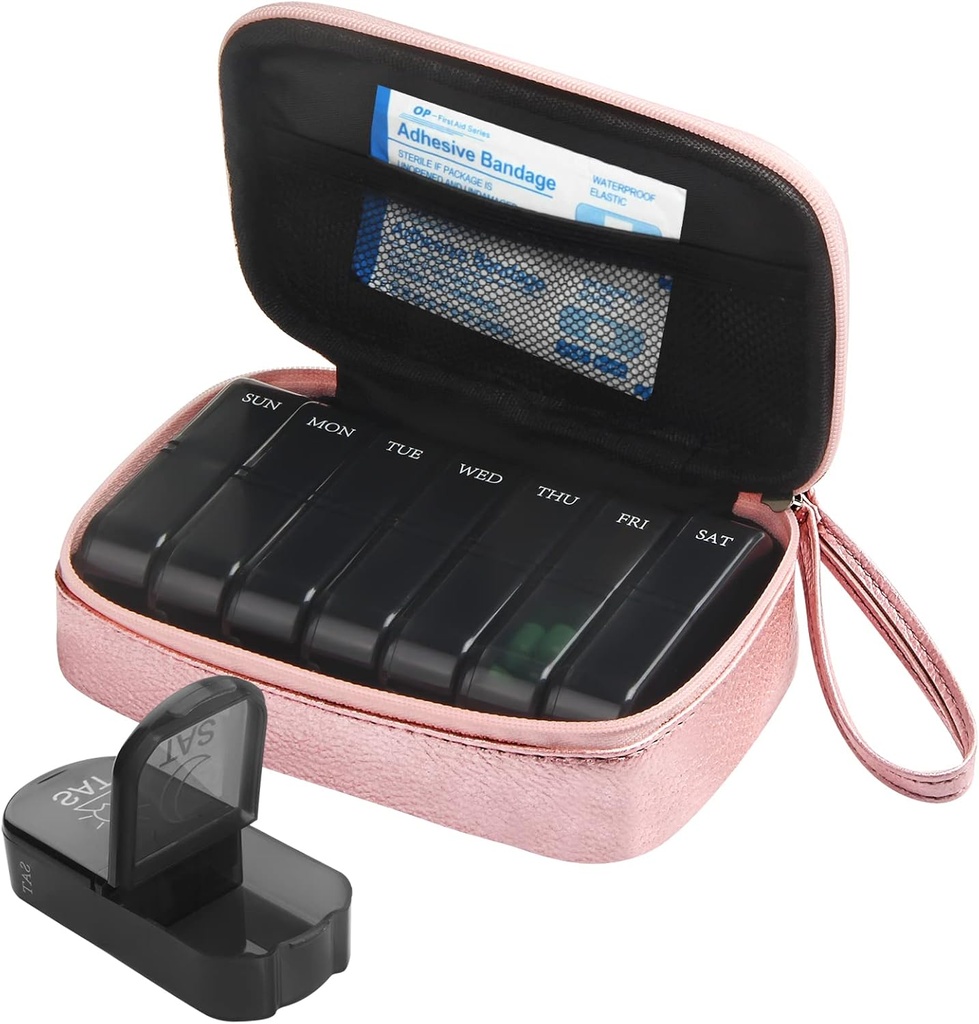 每周一次 PU 皮质药丸 袋装组织者案例 2 Times aday, AM PM Daily Pill box to hold Vitamin, Fish Oil, Supplements and Medicine (Pink).