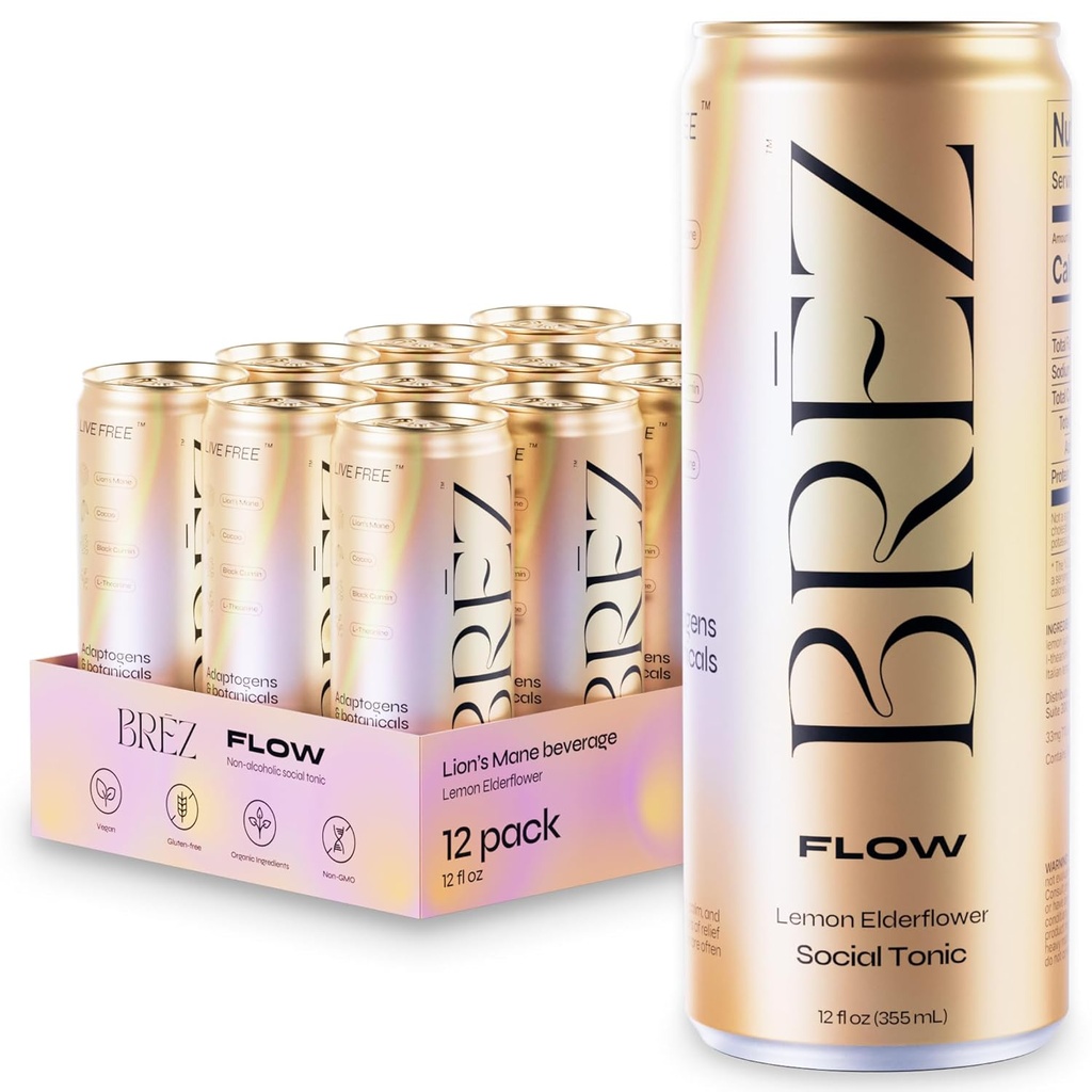 BREZ FLOW LOW LON的马恩蘑菇饮料,12-Pack,无营养,适配剂,解脱,升华,以及社交,闪亮的柠檬老花汤尼 12 Fl oz