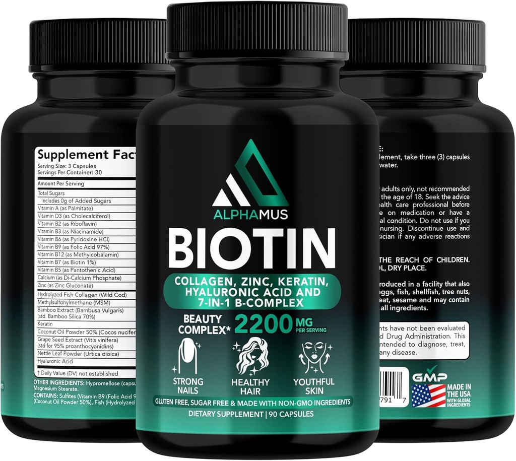 与Keratin的生物素和Collagen补充剂 - Biotin 5000mcg Capsules for hair growth, 健康皮肤和钉子 - Hyaluronic Acid & Vitamin-B Complex of Hyaluronic Acid and Vitamin-B for Men-Men, 90 Capsules