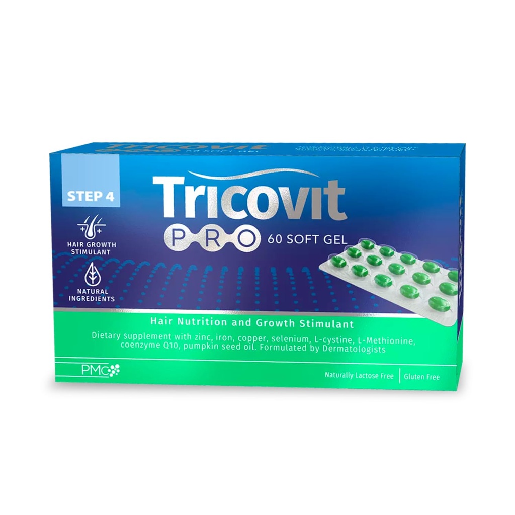 Tricovit Pro 头发生长补充剂 -- -- 皮肤科医生开发的男女头发流失治疗方法 -- -- 含有DHT阻塞剂、氨基酸和维生素以促进细胞再生(60软胶)