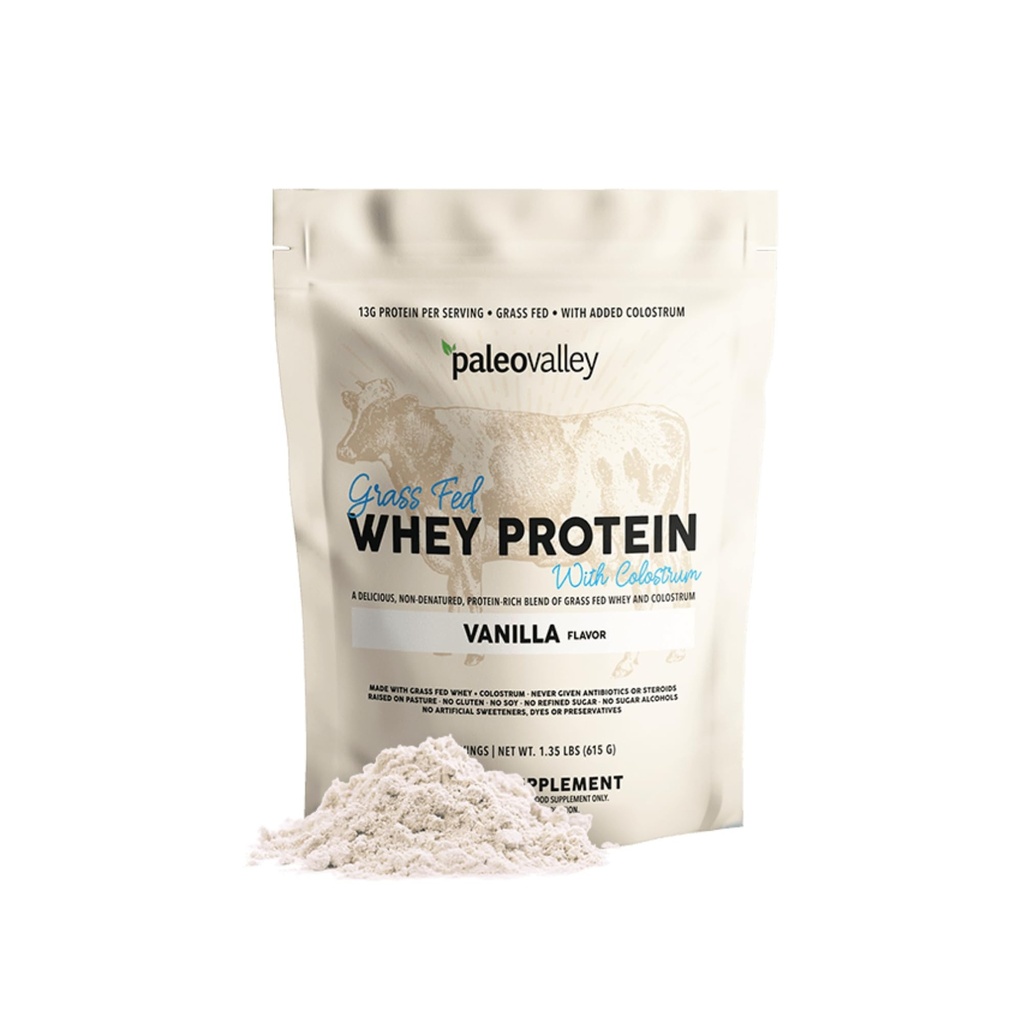 Paleovalley 100% 草料 Whey蛋白粉加Colostrum, 13g蛋白, 香草, 肌肉建筑, 免疫支持, Gut Health