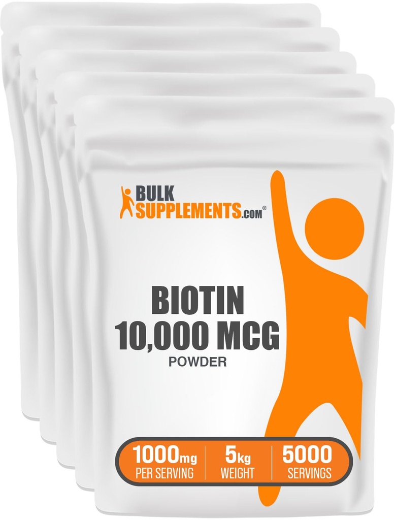 Bulk Assupports.com Biotin 10000mcg 粉末 - 用于毛发,皮肤和钉子的维生素 - 作为维生素B7,无葡萄糖,每服1000mg(10mg Biotin),5kg(11磅) (Pack of 5)