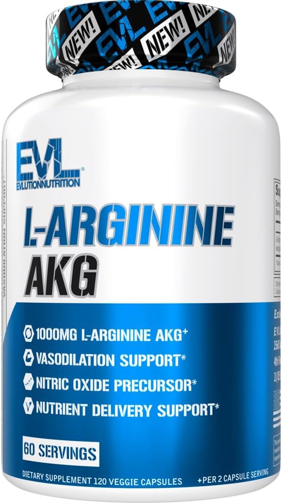 Evlution L-Arginine AKG - Vasodilation & Nutrient 交付支持 - Nitric Oxide 前体 - 1000mg L-Arginine AKG - Gluten Free & Non-GMO - 饮食补充 - 60 services - 120 Veggie Capsules
