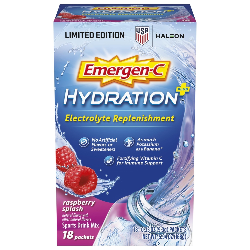 Emergen-C 水分+ 运动 饮用维生素C 混合(18 计数,Raspberry Flavor),电解液补充,0.33 Ounce 粉包