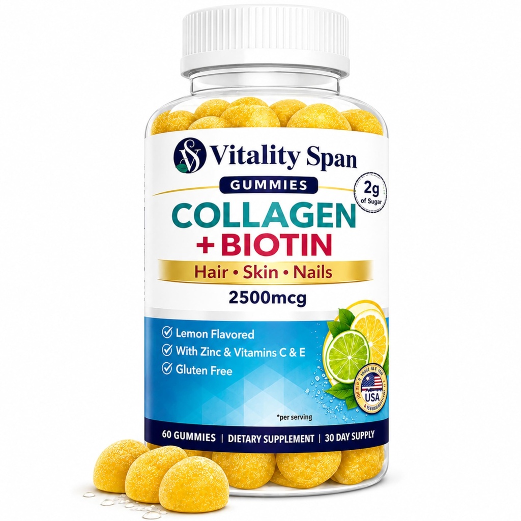 Collagen Gummys with Biotin (2500mcg),维生素C,E,锌换发,皮和直钉,低糖,柠檬Flavor,60 Gummys,美国制造