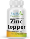 PACIFIC NATURE'S Zinc Copper Supplement (150 Capsules) with 50mg of Zinc Gluconate, 2mg of Copper Sulphate for Immune Support - Gluten Free, Non-GMO