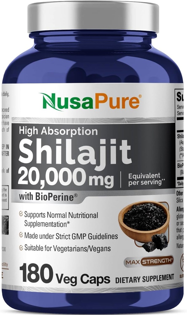 NusaPure Shilajit 每架20 000mg, 180 Veggie Caps, 非GMO, Gluten Free, Bioperine