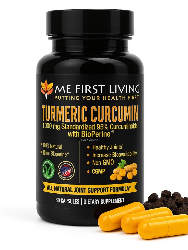 Me First Living Turmeric Crucumin 1000 mg 95% Crucuminoids, Bioperine 10 mg, 19x More Potent than others, 增加吸收,非GMO,有机Turmeric, Vegan, Gluten Free, 60 Capsules