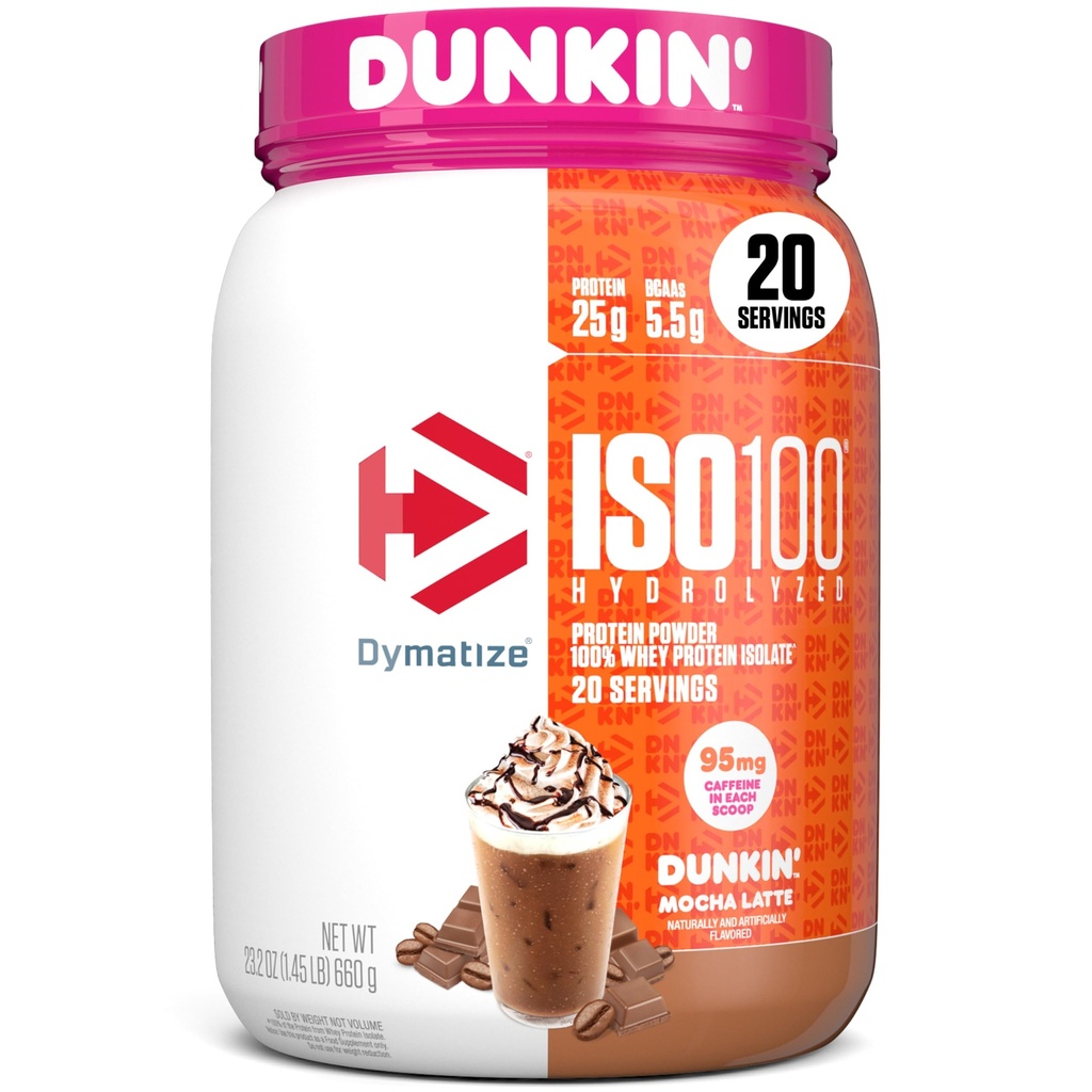 dymatize x Dunkin' Mocha Latte ISO100 Whey蛋白粉,95mg Cafeine,25g of 蛋白质,5.5g BCAAs,120 Cal., Gluten Free, 1g Fat, 1g Sugar, 3g Carb (20 services)