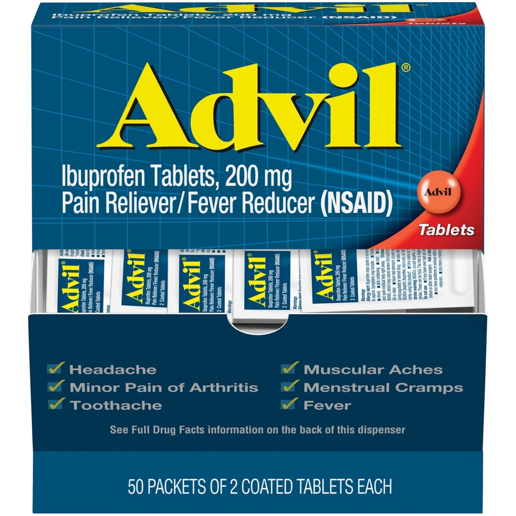 Advil Pain Reliver and Fever Reliefer, " 头痛、背痛、月经疼痛和联合疼痛缓解 " 的 " 疼痛减轻药剂 " ,用Ibuprofen 200毫克治疗头痛、背痛、月经疼痛和联合疼痛减轻 -- -- 50x2