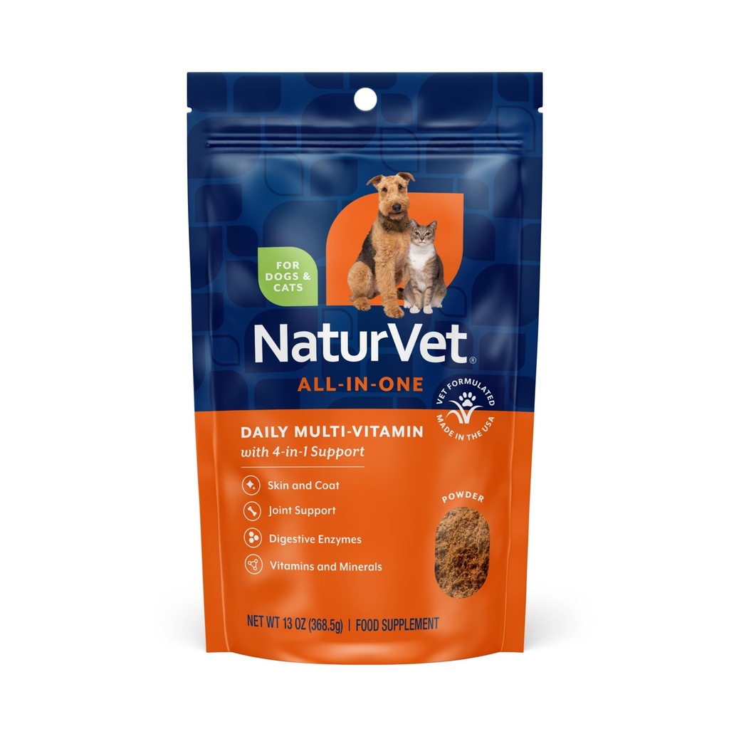NaturVet All-in-One Dog Supplement - for Joint Support, Digestion, Skin, Coat Care – Dog Multivitamins with Minerals, Omega-3, 6, 9 – Wheat-Free Vitamins for Dogs – 13-Ounce Powder