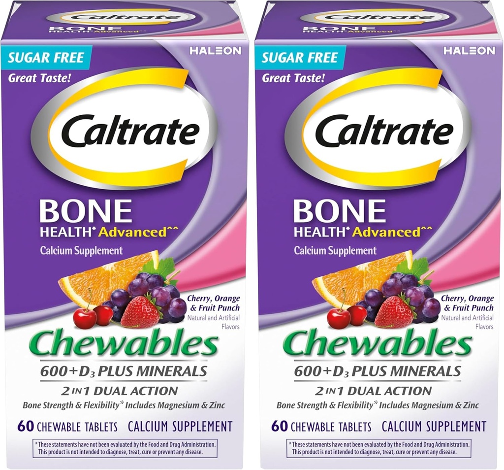 Caltrate Chewables 600 Plus D3 Plus 矿物 维生素D钙补充剂,樱桃,橘子和水果冲 - 60 Counters (Pack of 2)