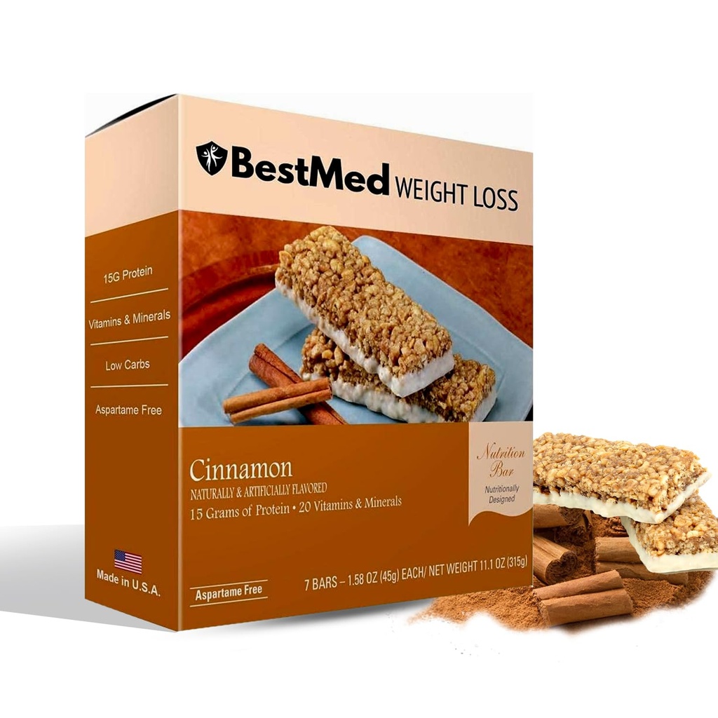 BestMed - 高蛋白营养条 - 低卡,15g蛋白,低糖,低卡路里,替代食品条(Cinnamon, 1 box - 7 counter)