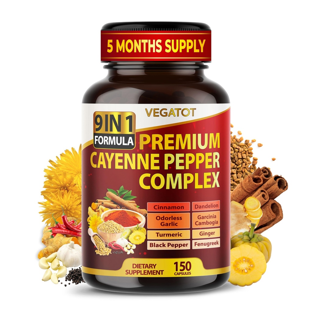 有机Cayenne Pepper 9IN1 与肉桂,姜,图尔姆综合健康,免疫系统,消化井(150个计数(一包))
