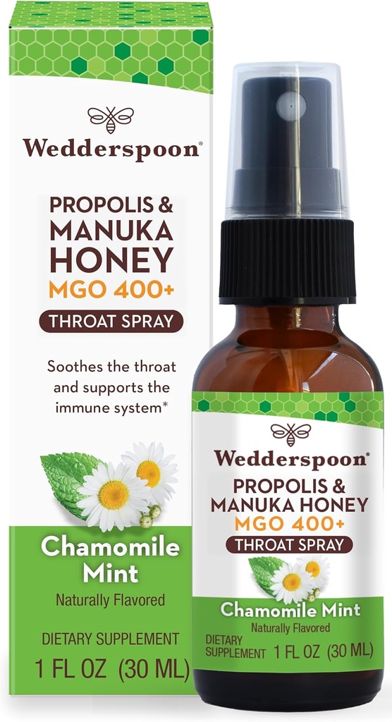 Wedderspoon Propolis and Manuka Honey Throat Spray, Chamomile & Mint, 1 Fl Oz (Pack of 1), Sore Throat Relief, 天然免疫支持