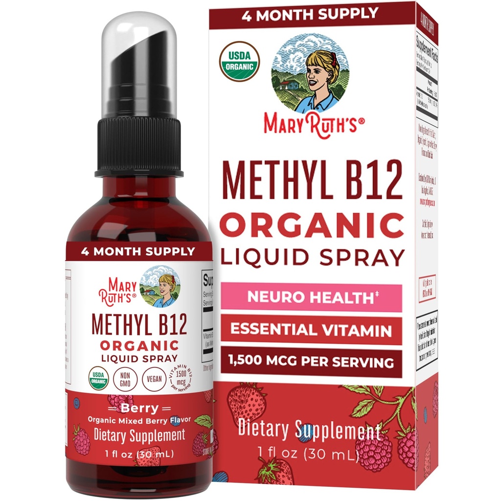 玛丽鲁斯有机维生素 B12 液体喷洒 | Vegan, Non-GMO, Gluten-Free | USDA 有机补充 | 能量和神经系统支持 | B12 男女维生素 | 1500 mcg | 1 Fl Oz