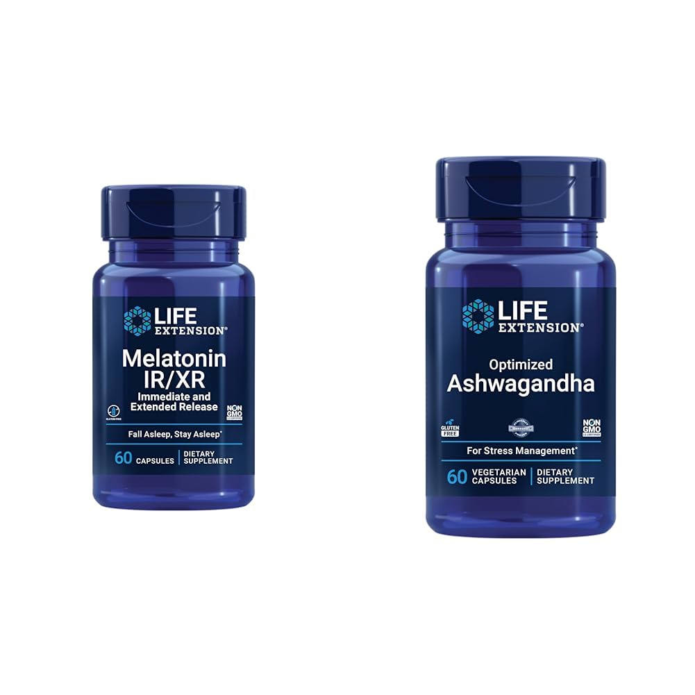生命延伸 Melatonin IR/XR & 优化 Ashwagandha - 睡眠,应激缓解,焦点,记忆 - 60卡普尔