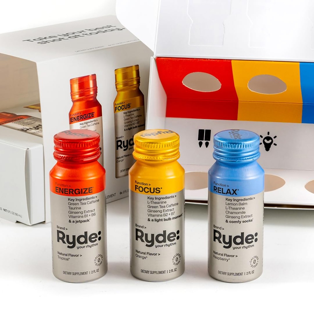 RYDE:发现包 QQ 能量,焦点和放松镜头 QQ 绿色茶咖啡因,陶林,Ginseng,B维生素,L-Theanine,柠檬浆,Chamomille QQ0卡路里,0糖 QQ Variety Pack – Try Them All (6 Pack)