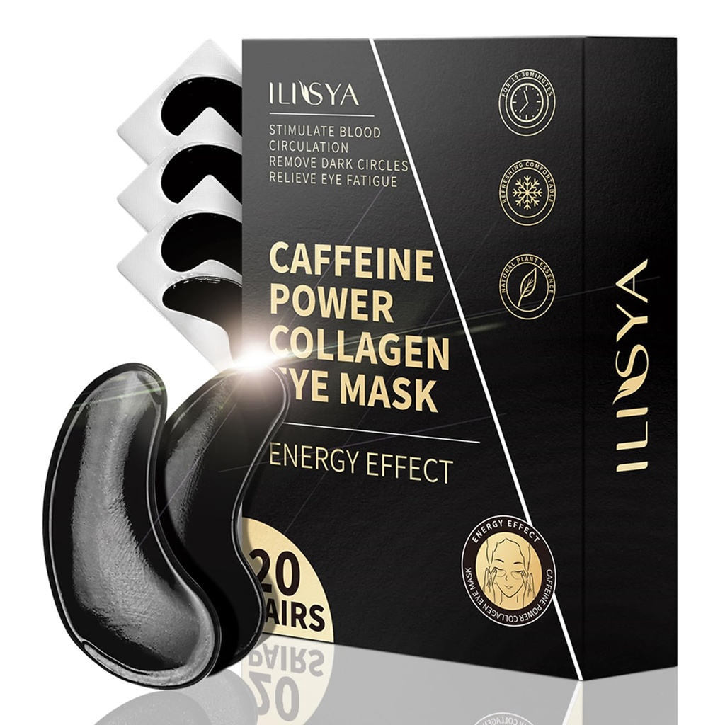 ROUSE Collagen Under Eye Patches 配有咖啡因眼治疗面具,用于暗圆眼 Fatigue Puffness 刷新皮肤护理眼 Gel Pades-20 Pairs