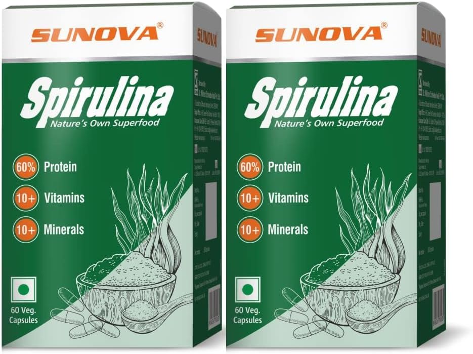 Spirulina Capsules – 自然的自有超级食物和营养补充品,Spirulina 供全体支持 60 Capsules (Pack of 2)