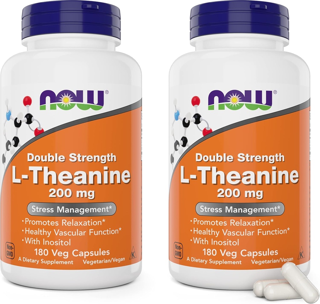 Nows食品 L-Theanine, 双强200 mg per Cap - 180 Veg Capsules (Pack of 2) (360 总封顶) - 加固100 mg Inositol - 蔬菜, Non-GMO - Ltheanine 200mg 补充品