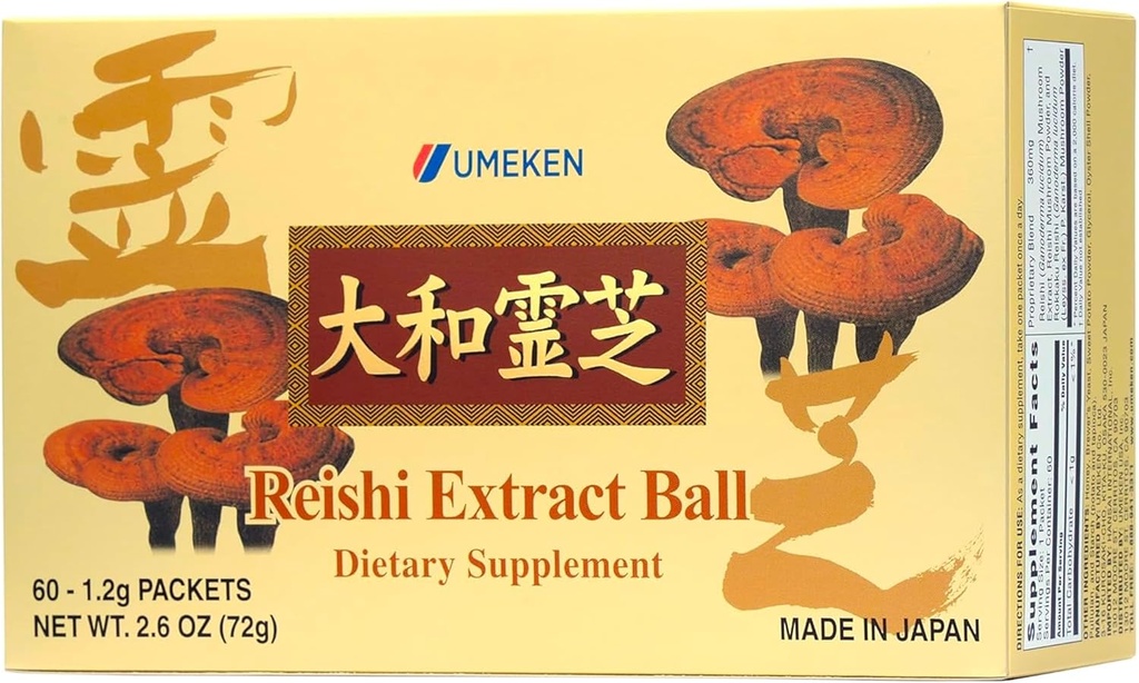 Umeken Reishi Mushroom 提取球,专注,日语Reishi Mushroom 补充Beta Glucan,专注于Ball格式,2个月供应,60包,包装1