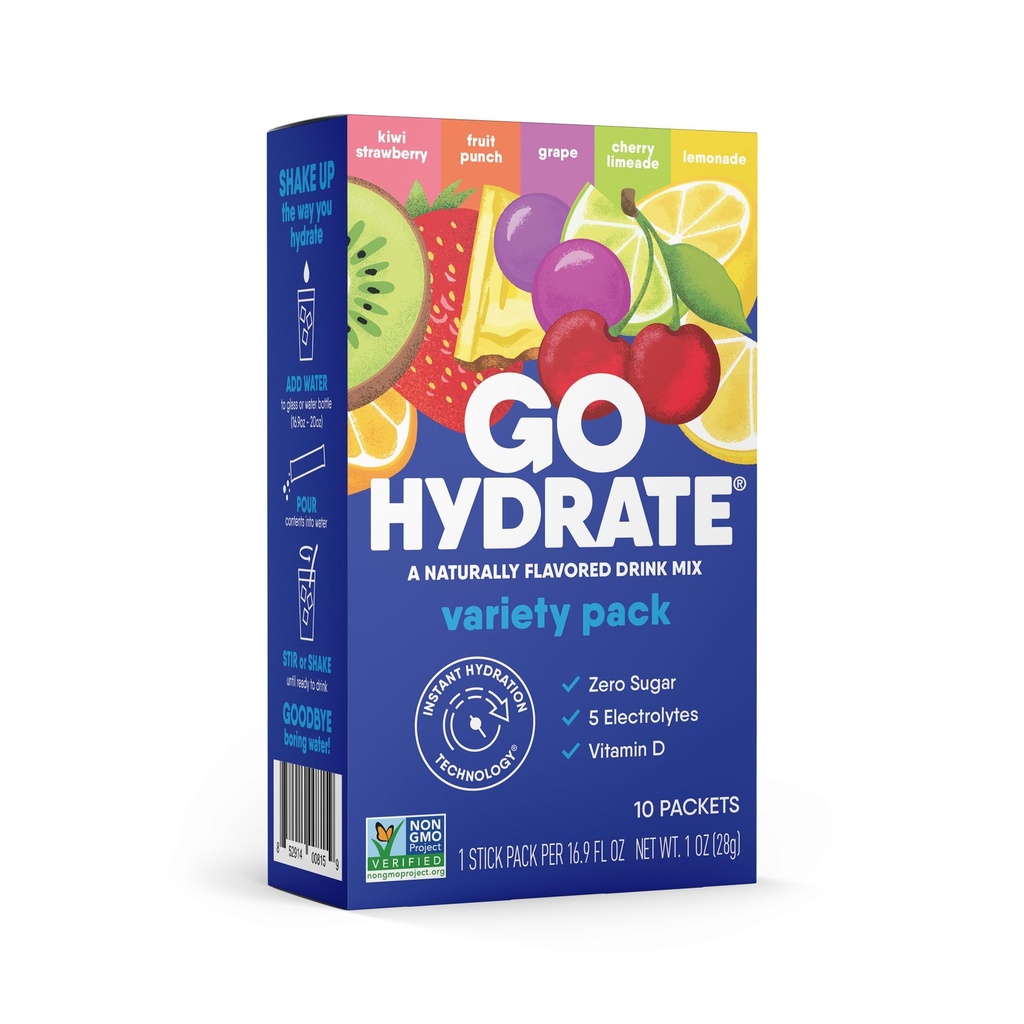 GoHydrate 即时水分粉包 - 低钠电解质 饮料混合 - 自然水分支持,糖无电解质 火药饮用维生素D, 10 Packs, 混合