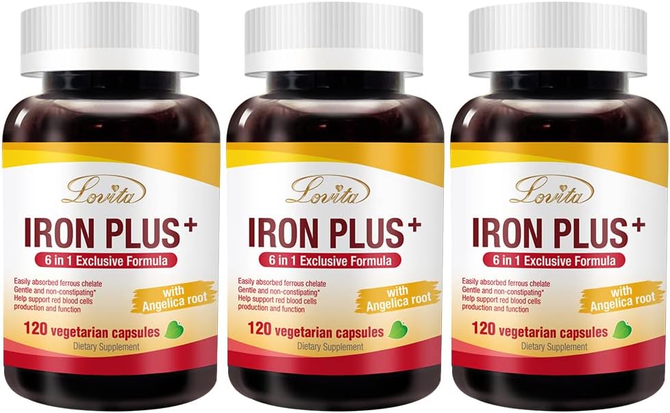 Lovita Iron 18 mg, 6 in 1 Iron Supplement for Women, 配有维生素C, 东奎和B12, Vegan Vitamin 支持无便秘的红血细胞生产, 120 Capsules (Pack of 3)