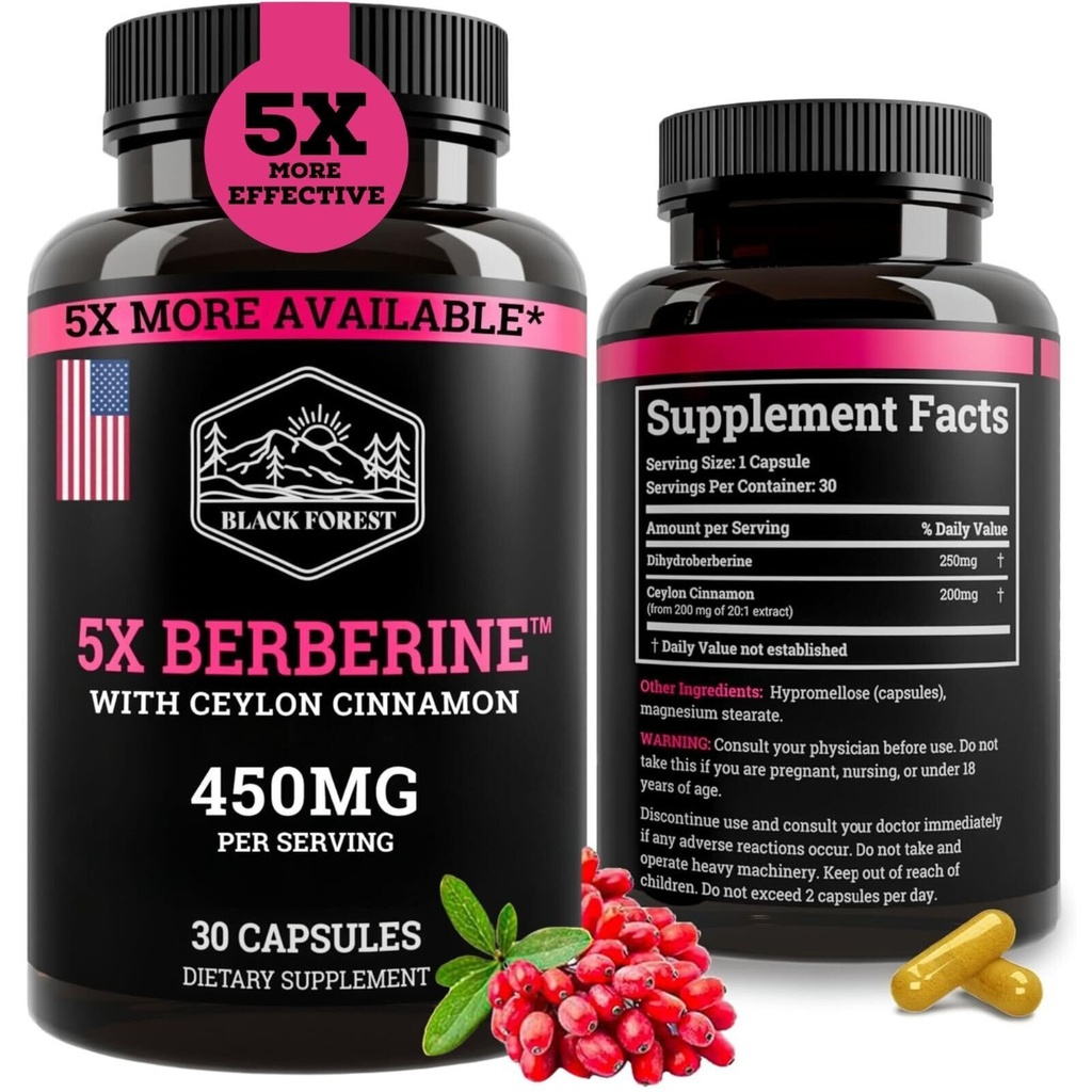 Black Forest 5X Berberine a Dihydroberine 补充剂 (Super Berberine Now 5X 比普通Berberine HCL 更有效) Best Dihydroberine with Ceylon Cinnamon - 与Berberine Phytosome类似