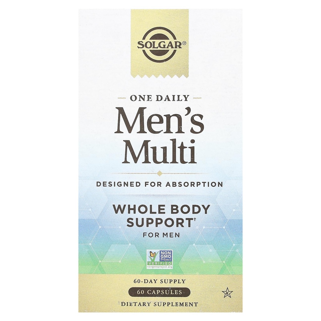 Solgar One Daily Men的多维特敏全体支持补编,高吸附延迟发布 1 Daily 多维特敏Capsules for Men - Immune心脏能量压力与肌肉健康,60种服务