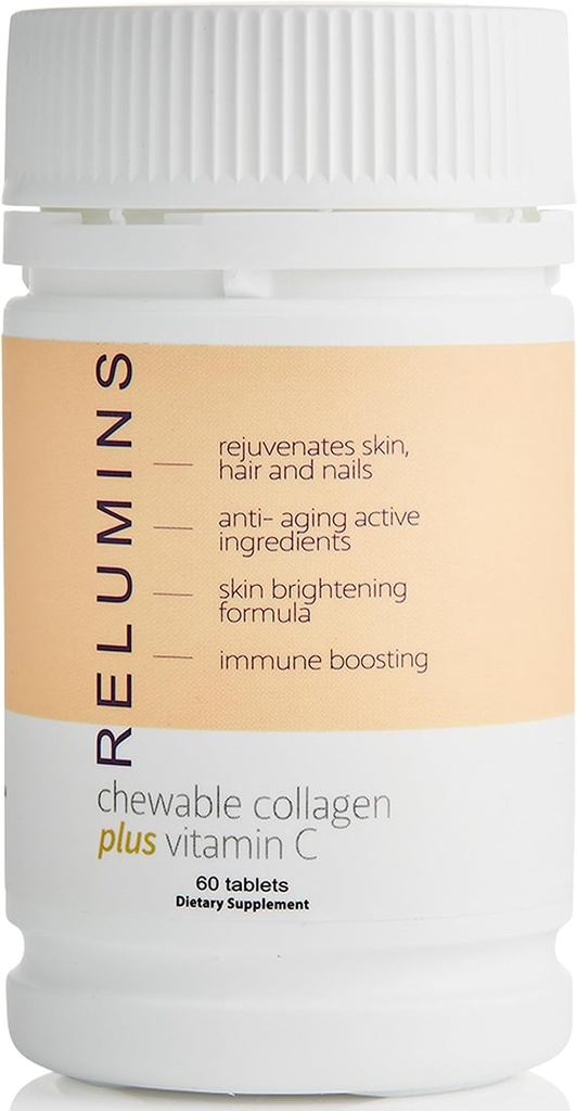 Relumins Collagen Supplements for Women & Men Collagen Chewable with Silk Peptide, Hyaluronic Acid, CoQ10, & Vitamin C & E - 60 Peach-Flavored Collagen Supplement Tablets per Bottle