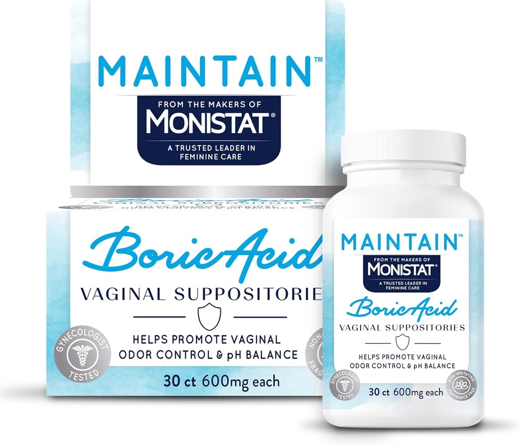 from The Makers of Monistat, Maintain Boric Acid Suppositories for Women, Fragrance-Free Inserts for Vaginal Odor Control and pH Balance Without Irritation, 30 Count