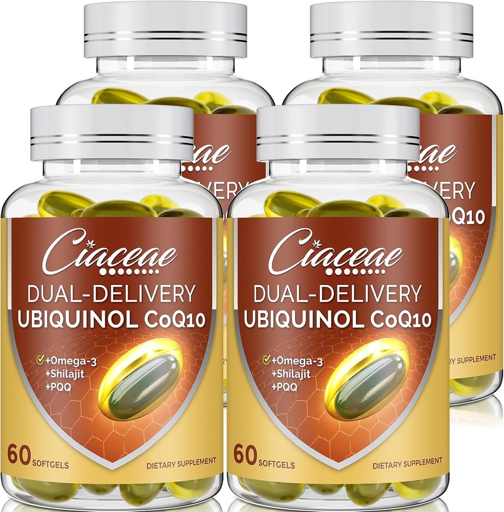 Ubiquinol CoQ10 600 MG 软胶与Omega-3 & Shilajit & PQQ,高级双联产Coenzyme-Q10,活性CoQ10 Ubiquinol 增生,抗氧化剂,心脏,脑和能量,240服务