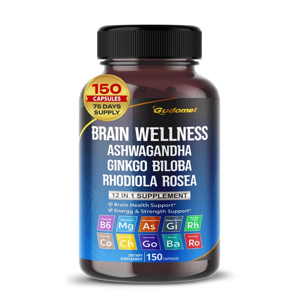 脑井 Ginkgo Biloba Rhodiola Cordyceps Chamomile Ashwagandha Gotu Kola 罗斯玛丽圣巴西尔黑辣椒 - 150 Capsules - 在美国制造