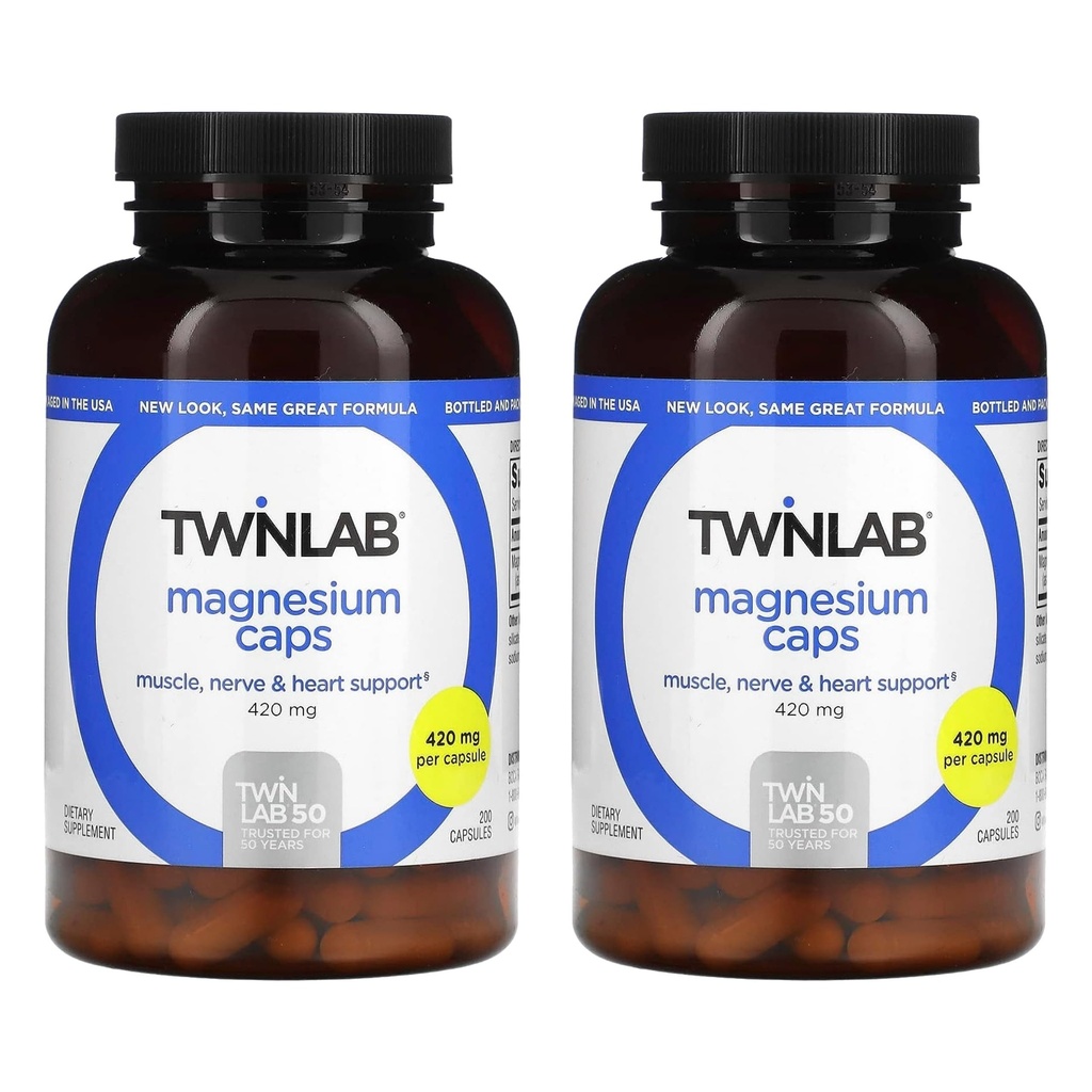 Twinlab Magnesium Caps - 高吸附性镁补充剂,用于支持腿板救济 - 镁膜减轻压力,420 mg, 200 counter, 2 pack